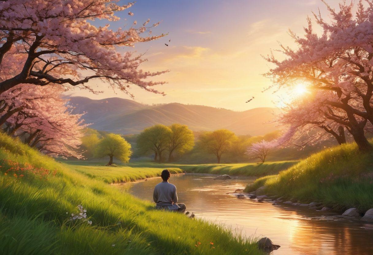 A serene landscape capturing a golden sunrise over gently rolling hills, with a peaceful river reflecting the warm colors of the sky. In the foreground, a person meditating under a blooming cherry blossom tree, radiating a soft, ethereal glow. Elements of joy such as butterflies fluttering around, and a gentle breeze depicted through flowing grass. The scene conveys tranquility and spiritual elevation. vibrant colors. super-realistic. soft focus.