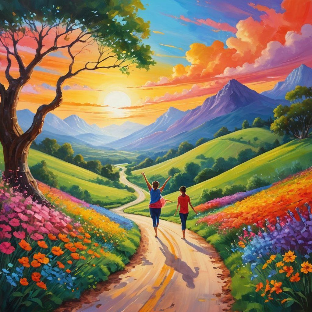 A vibrant depiction of a winding road through a lush landscape, dotted with joyful people experiencing moments of happiness—some are laughing, others practicing yoga, and a family enjoying a picnic under a colorful sky. Incorporate elements of nature like blooming flowers and fluttering butterflies to symbolize joy and positivity. Use bright, cheerful colors to evoke a sense of exhilaration and life. painting. vibrant colors.