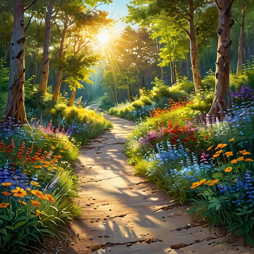A serene landscape depicting a winding path leading through a lush forest, dappled sunlight filtering through the leaves, symbolizing a joyful journey. Include colorful wildflowers alongside the path and a radiant sunrise in the background, representing hope and happiness. Envision people of diverse backgrounds walking together, sharing laughter and joy. Painting. vibrant colors. 3D.
